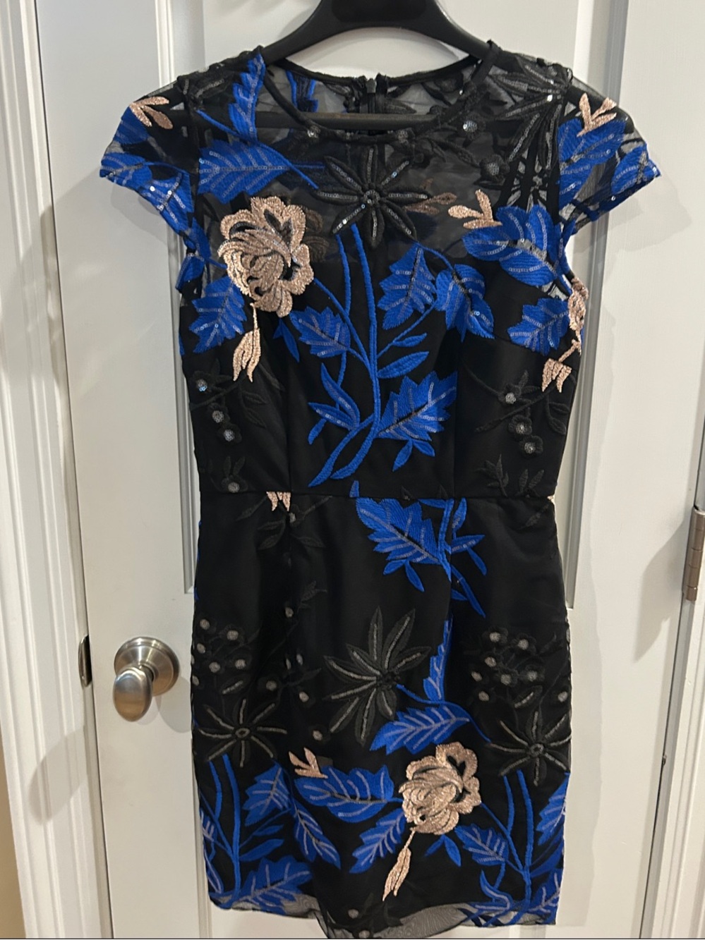 Minuet Petite Black Mini Dress with Blue & Gold Floral Embroidery